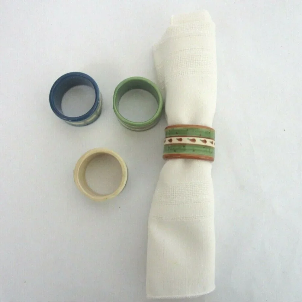 Lot of 4 Ceramic Napkin Rings Round Green Cream Glazed Stripes Dots Paisley
